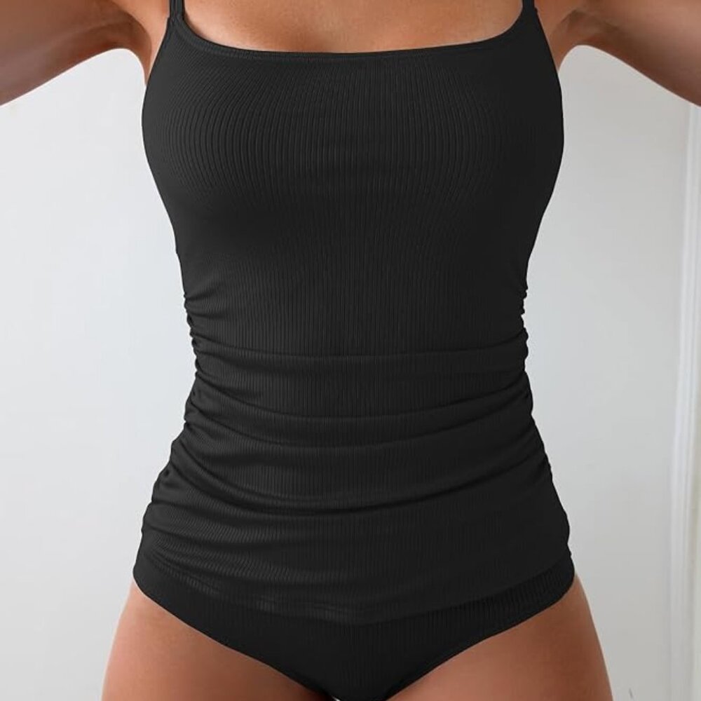 Women's Tummy Control Tankini Swimsuit - Ribbed Full Coverage Two Piece M